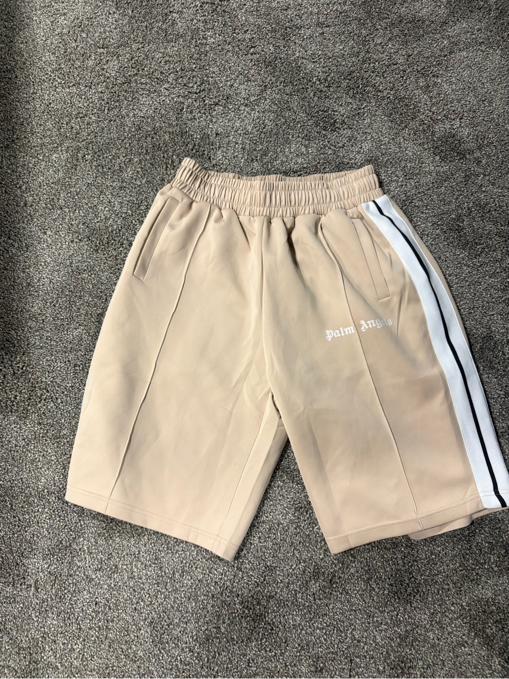 Palm Angels Beige Athletic Shorts with White and Black Side Stripe